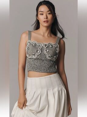 Anthropologie XL Embellished Smocked Crop Tank Beaded Neutral Boho Top